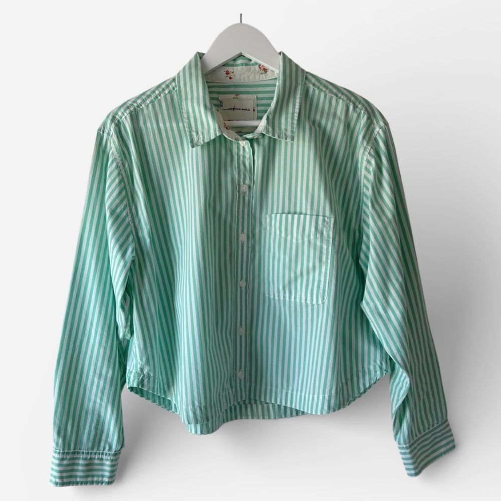 American Eagle Womens Green White Striped Button Front Cropped Shirt Size M